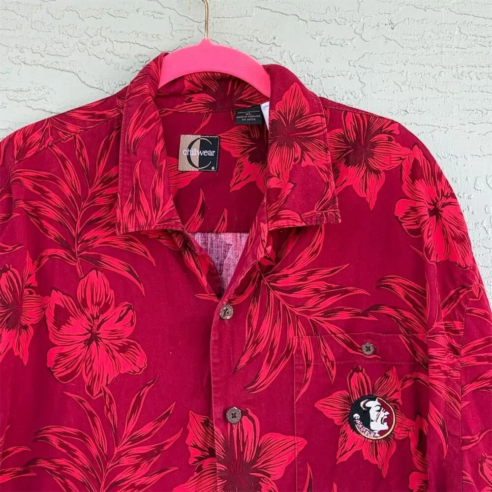 Chiliwear Florida State XL Red Floral Hawaiian Shirt Vintage Tropical Casual